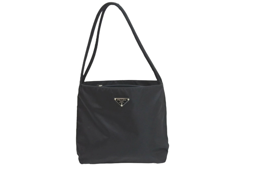 Prada tote bag black triangle plate